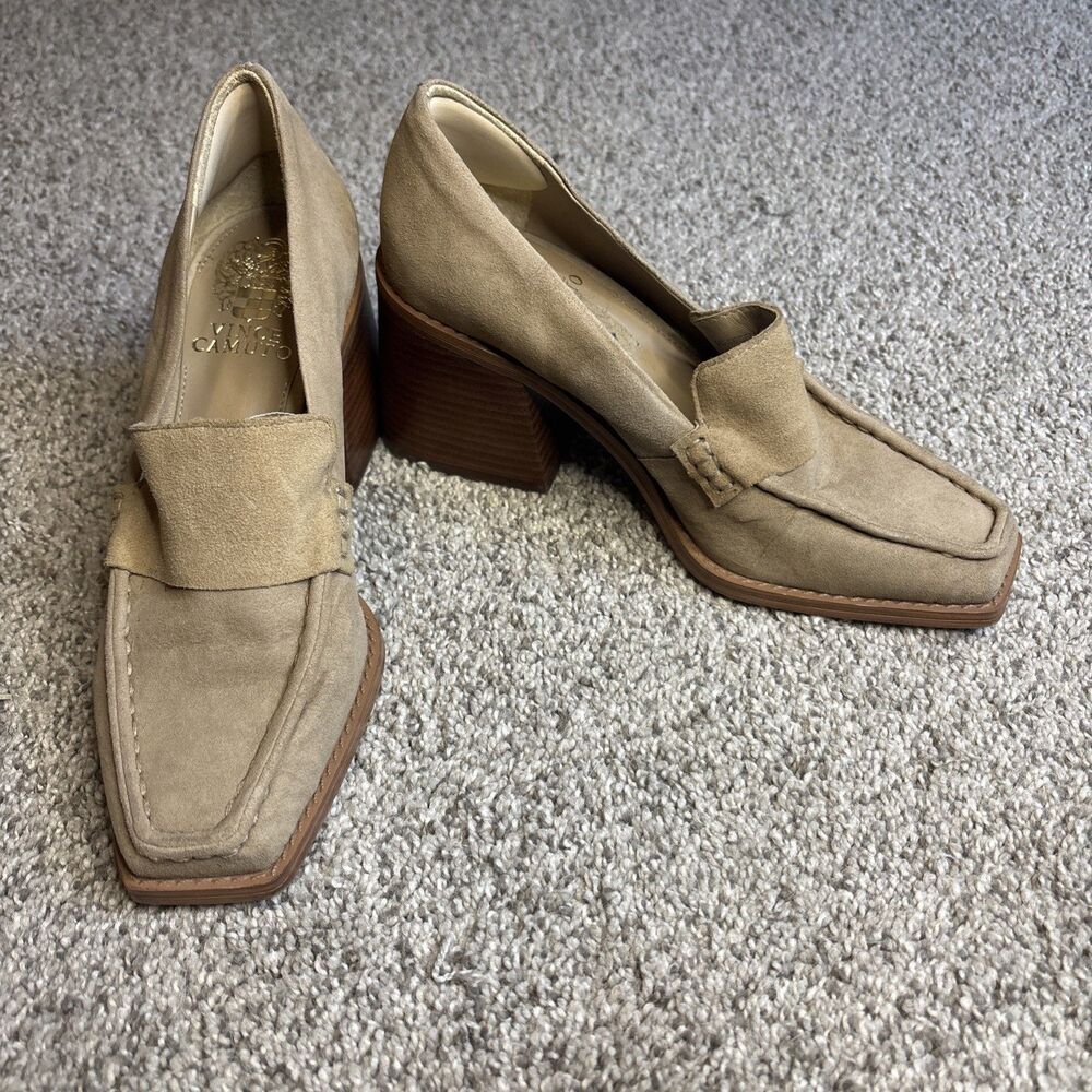 Vince Camuto 5M Segellis Pointed Toe Block Heeled Loafers Tortilla Suede Leather - Picture 1 of 8